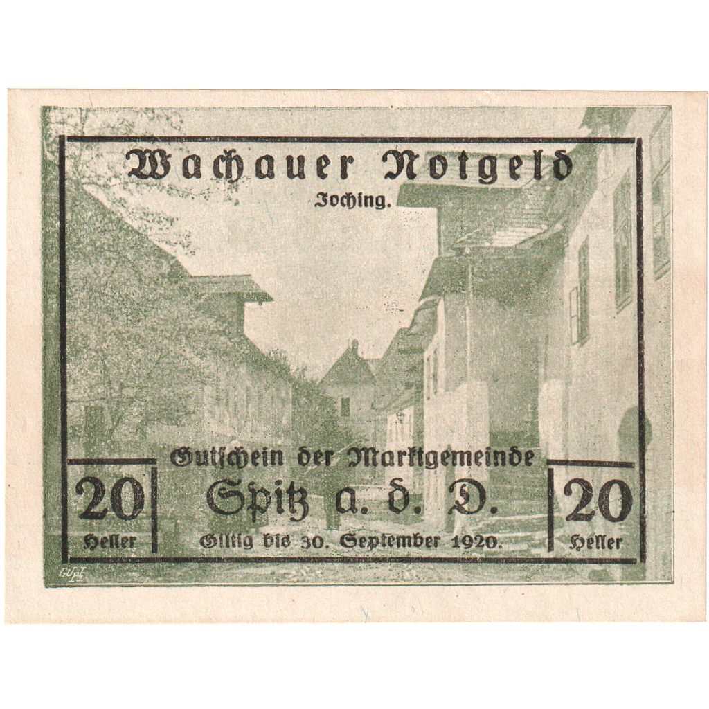 Austria, Wachauer Notgeld - Spitz - Kirche N.Ö. Gemeinde, 20 Heller
