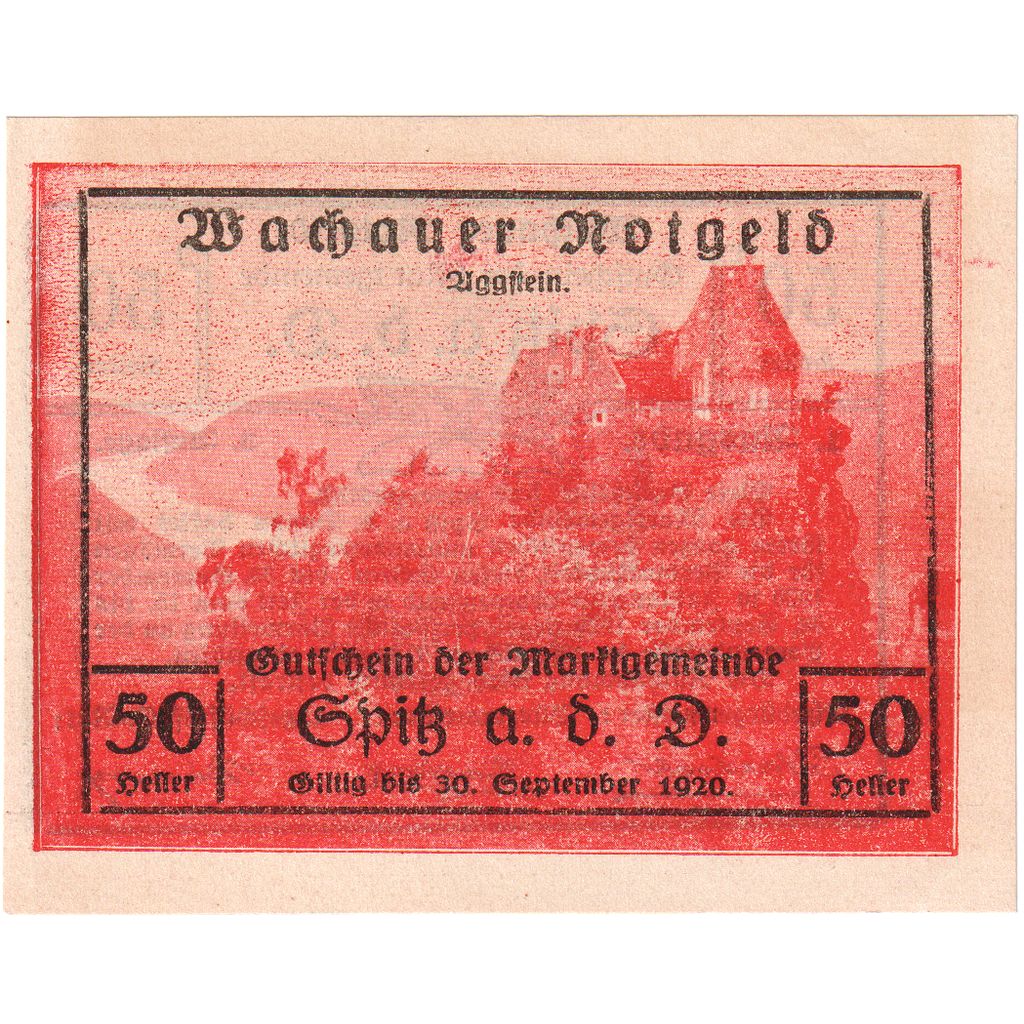 Áustria, Wachauer Notgeld - Spitz - Kirche N.Ö. Gemeinde, 50 Heller