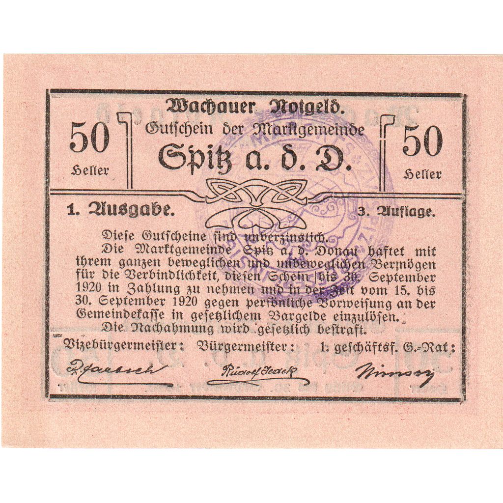 Áustria, Wachauer Notgeld - Spitz - Kirche N.Ö. Gemeinde, 50 Heller