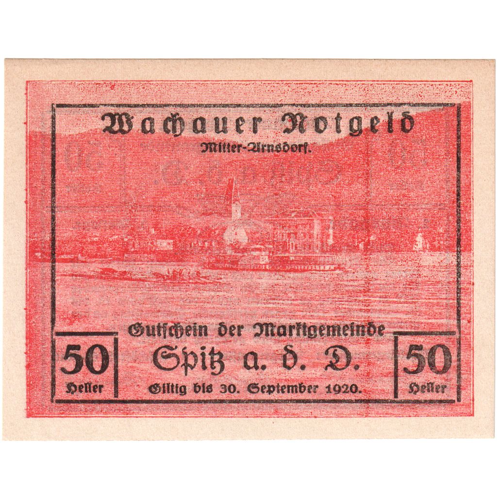 Austria, Wachauer Notgeld - Spitz - Kirche N.Ö. Gemeinde, 50 Heller