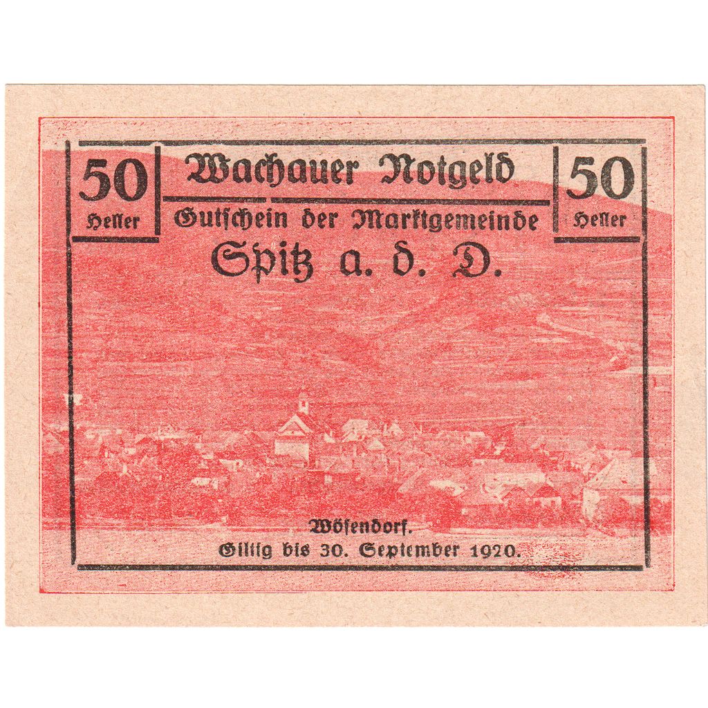 Austria, Wachauer Notgeld - Spitz - Kirche N.Ö. Gemeinde, 50 Heller