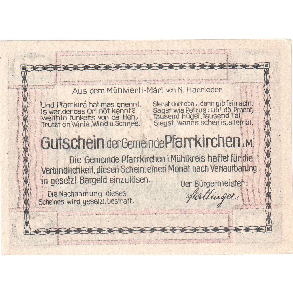 Austria, Pfarrkirchen im Mühlkreis O.Ö. Gemeinde, 20 Heller, UNC(63)