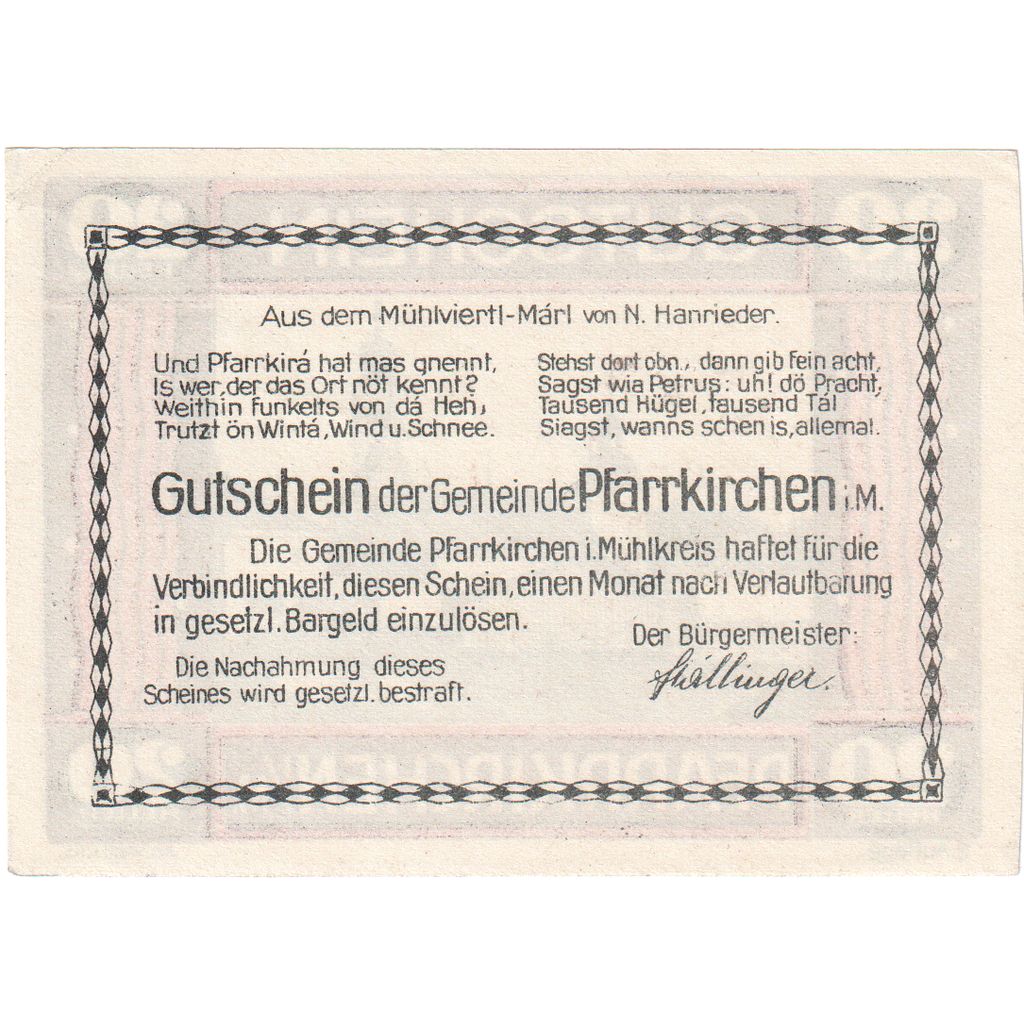 Austria, Pfarrkirchen im Mühlkreis O.Ö. Gemeinde, 20 Heller, UNC(63)