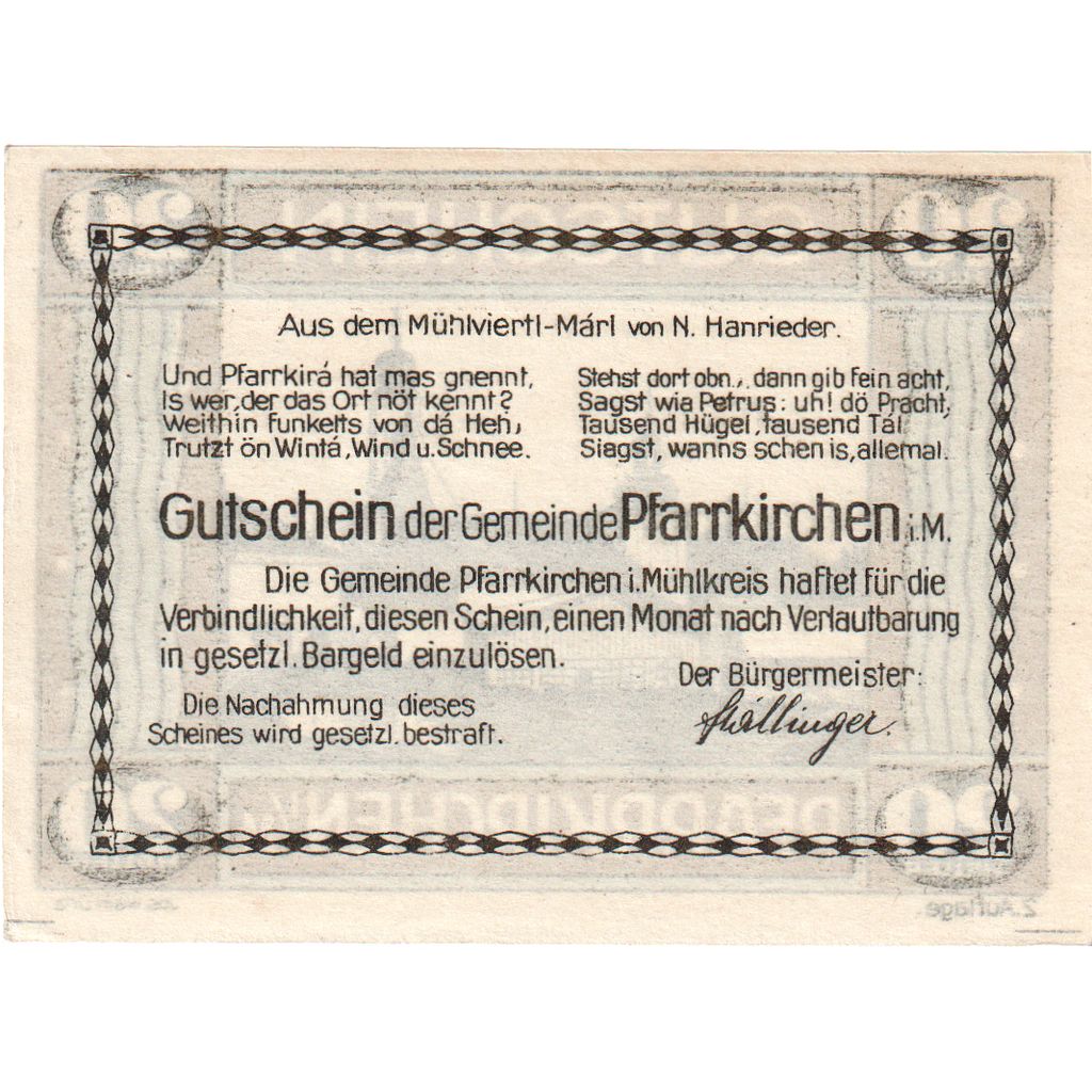 Austria, Pfarrkirchen im Mühlkreis O.Ö. Gemeinde, 20 Heller, SC