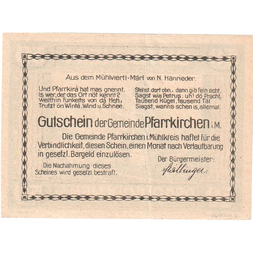 Austria, Pfarrkirchen im Mühlkreis O.Ö. Gemeinde, 20 Heller, SC
