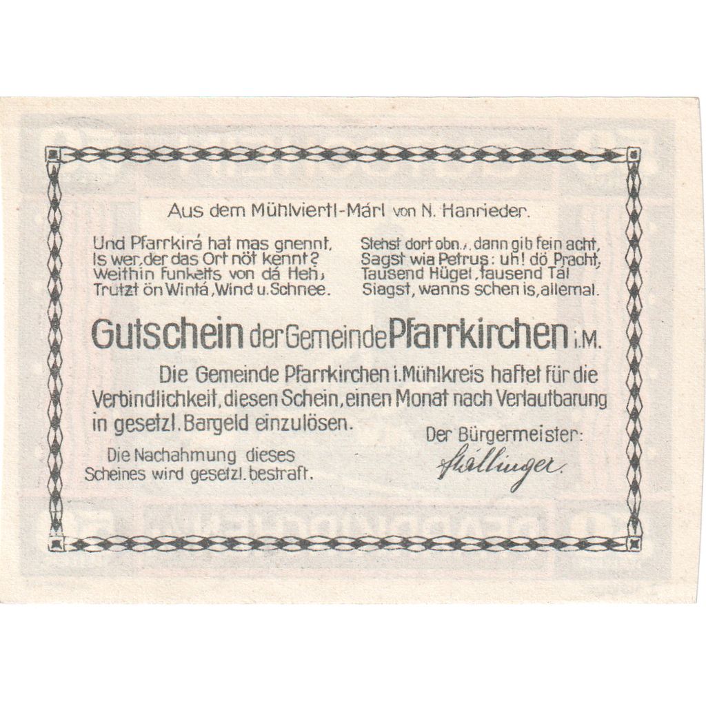 Austria, Pfarrkirchen im Mühlkreis O.Ö. Gemeinde, 50 Heller, SC