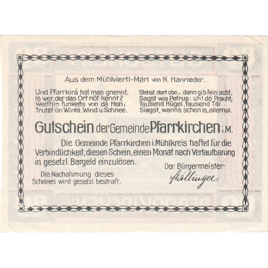 Oostenrijk, Pfarrkirchen im Mühlkreis O.Ö. Gemeinde, 80 Heller, SPL