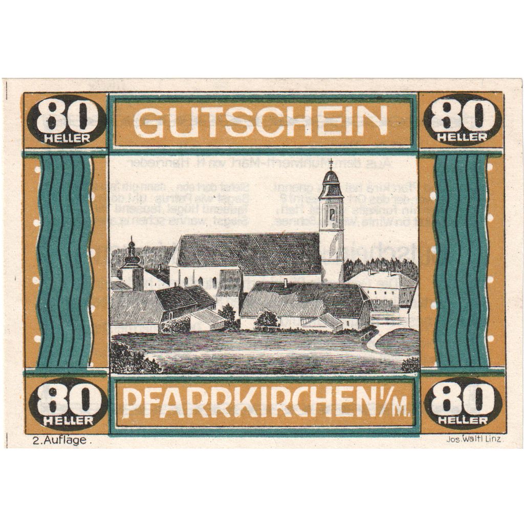 Austria, Pfarrkirchen im Mühlkreis O.Ö. Gemeinde, 80 Heller, SC