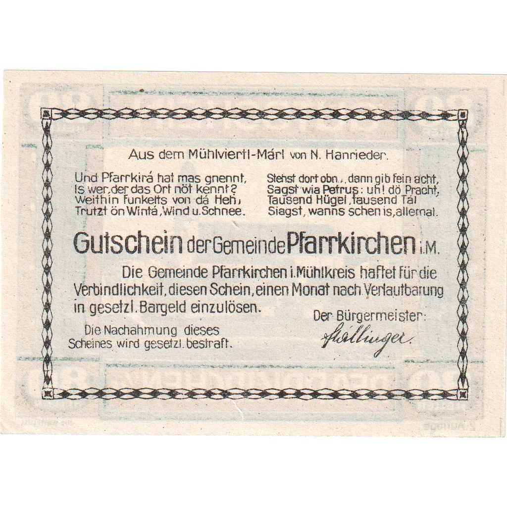 Austria, Pfarrkirchen im Mühlkreis O.Ö. Gemeinde, 80 Heller, SC