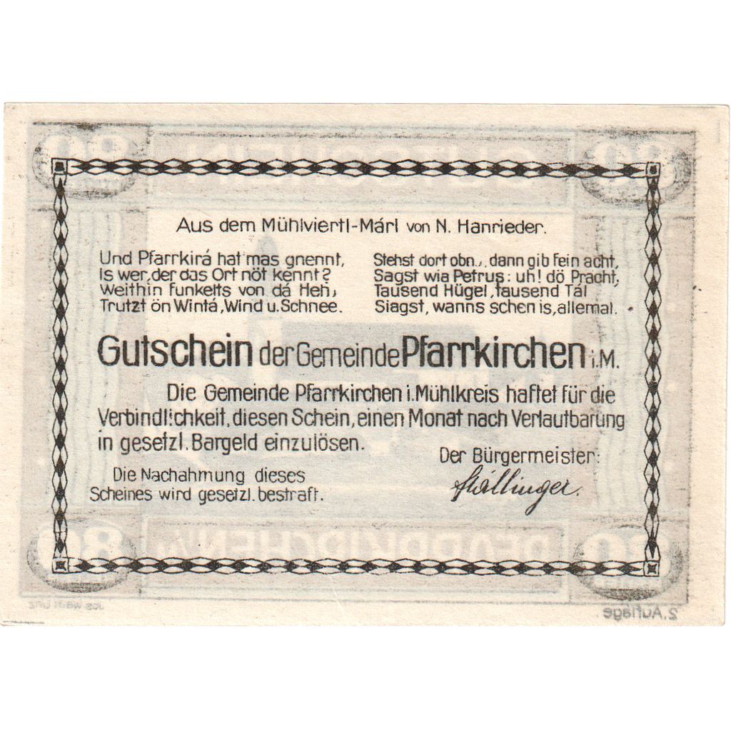 Austria, Pfarrkirchen im Mühlkreis O.Ö. Gemeinde, 80 Heller, SC