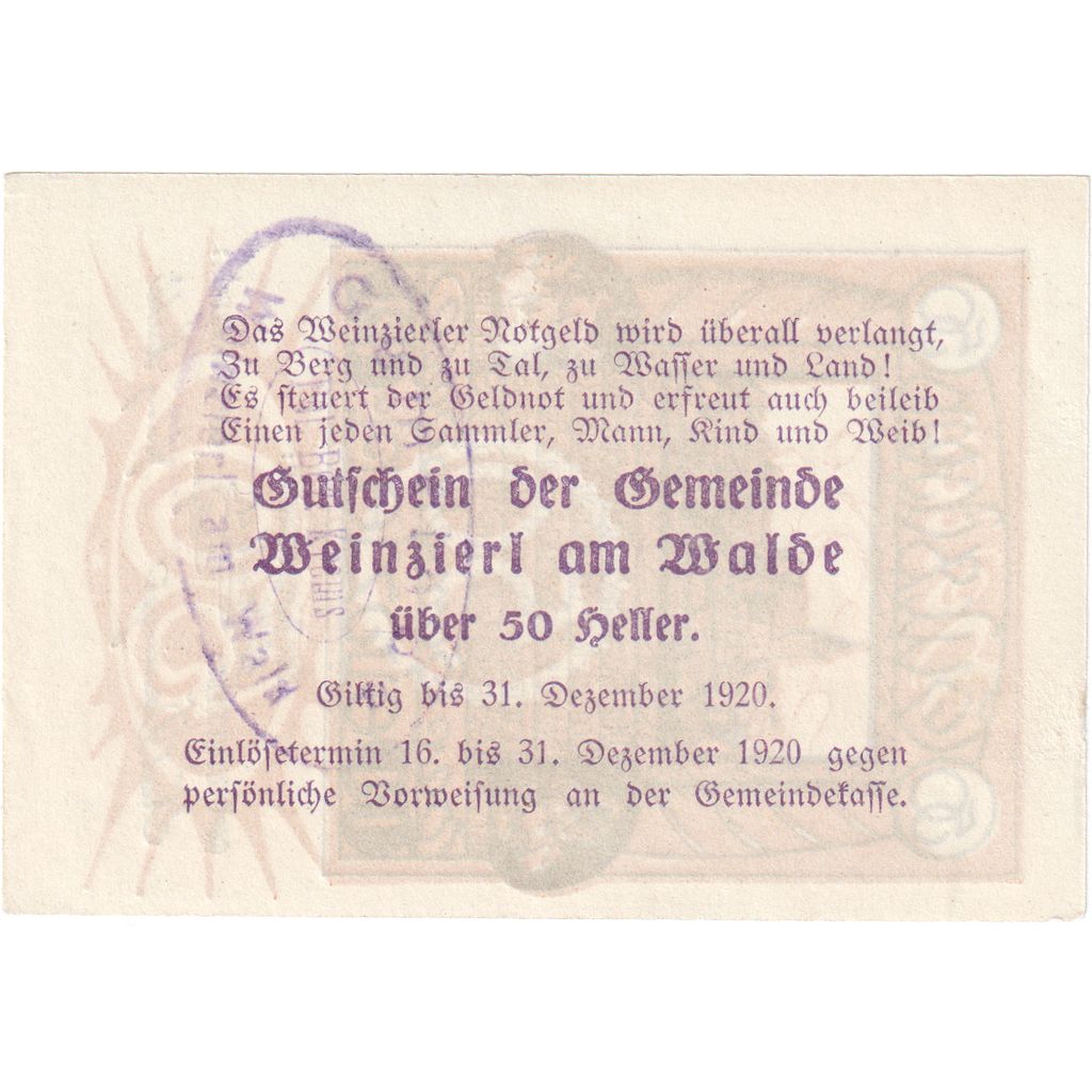 Oostenrijk, Weinzierl am Walde, 50 Heller, 1920-12-31, SPL