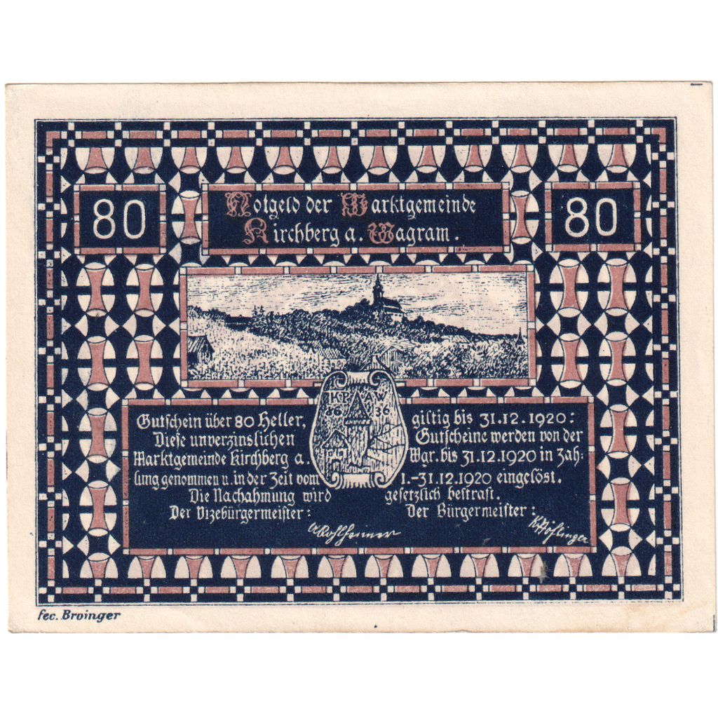 Austria, Kirchberg am Wagram N.Ö. Marktgemeinde, 80 Heller, 1920-12-31, UNC(63)