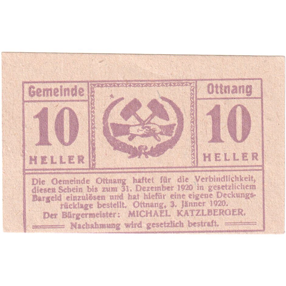 Austria, Ottnang O.Ö. Gemeinde, 10 Heller, 1920-12-31, UNC(63)