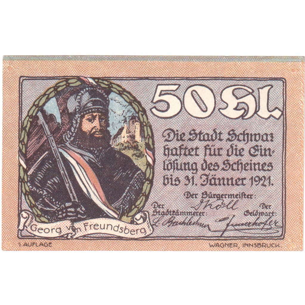 Áustria, Innsbruck Tirol Prv. Notgeld Sammlerbund Innsbruck, 50 Heller