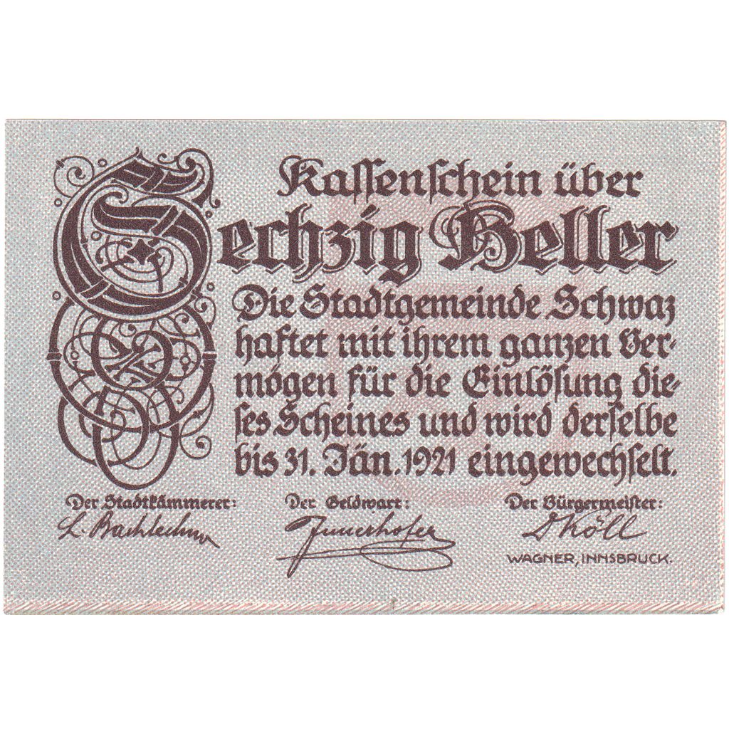 Áustria, Innsbruck Tirol Prv. Notgeld Sammlerbund Innsbruck, 60 Heller