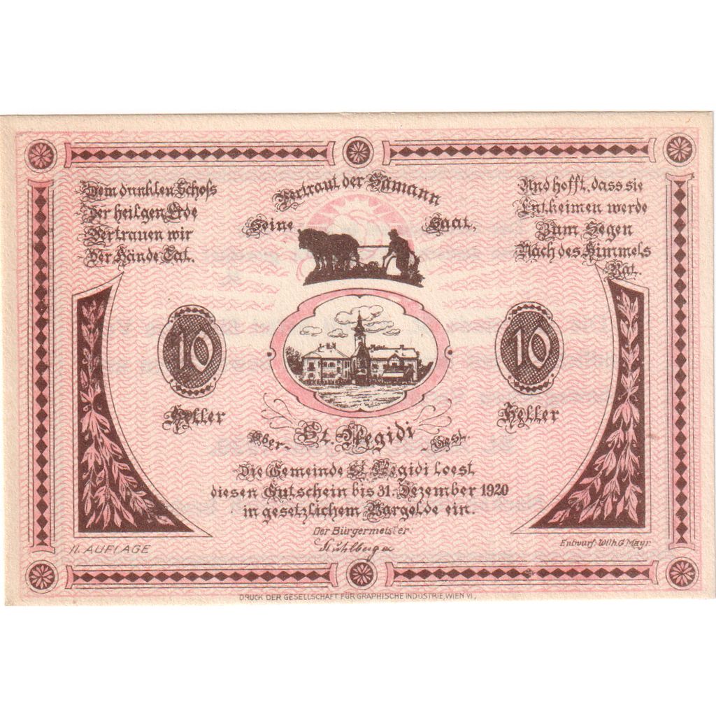 Austria, St Aegidi, 10 Heller, 1920-12-31, UNC(63)