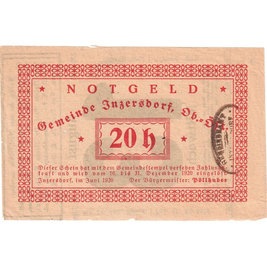 Austria, Inzersdorf Bezirk Kirchdorf O.Ö. Gemeinde, 20 Heller, 1920-12-31