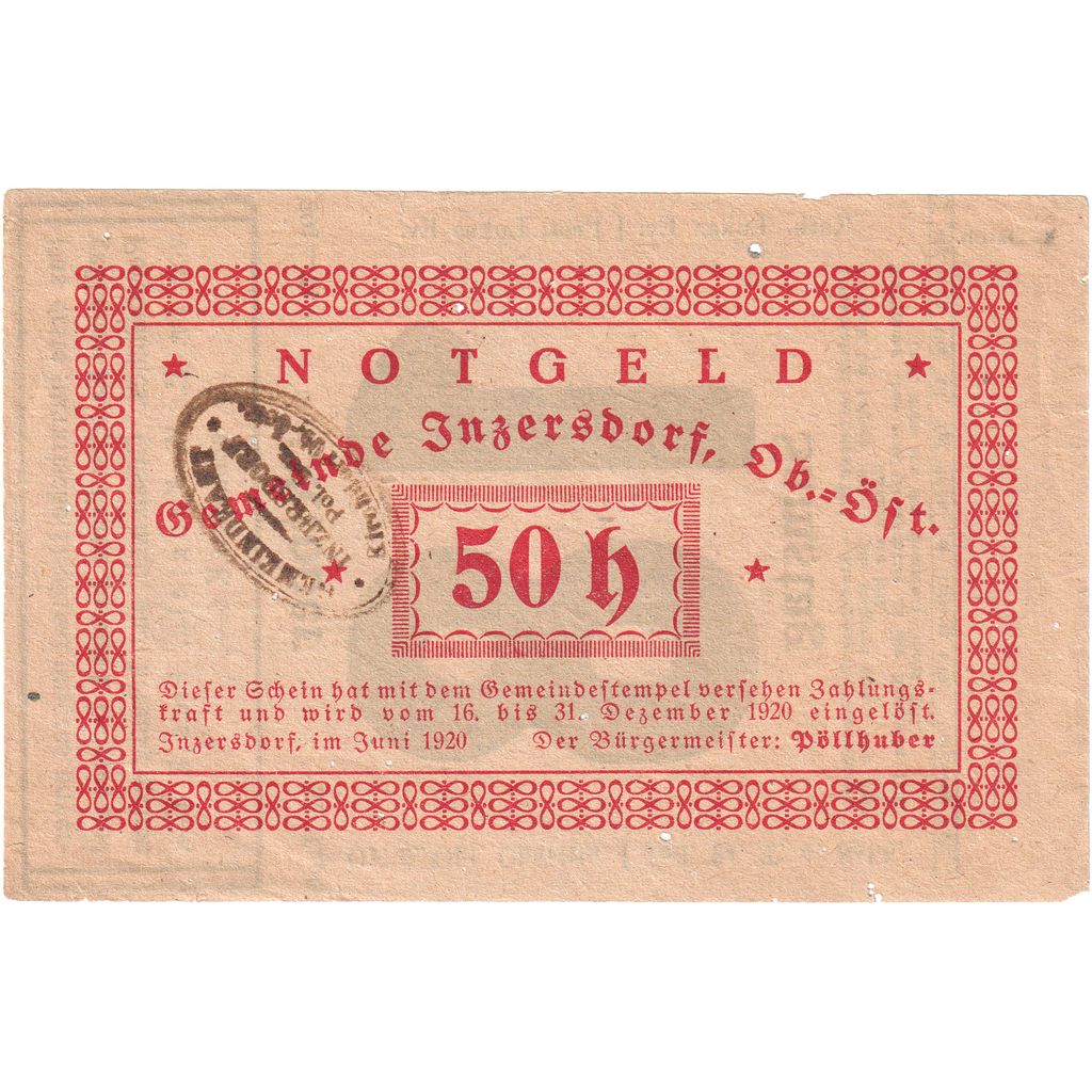 Austria, Inzersdorf Bezirk Kirchdorf O.Ö. Gemeinde, 50 Heller, 1920-12-31