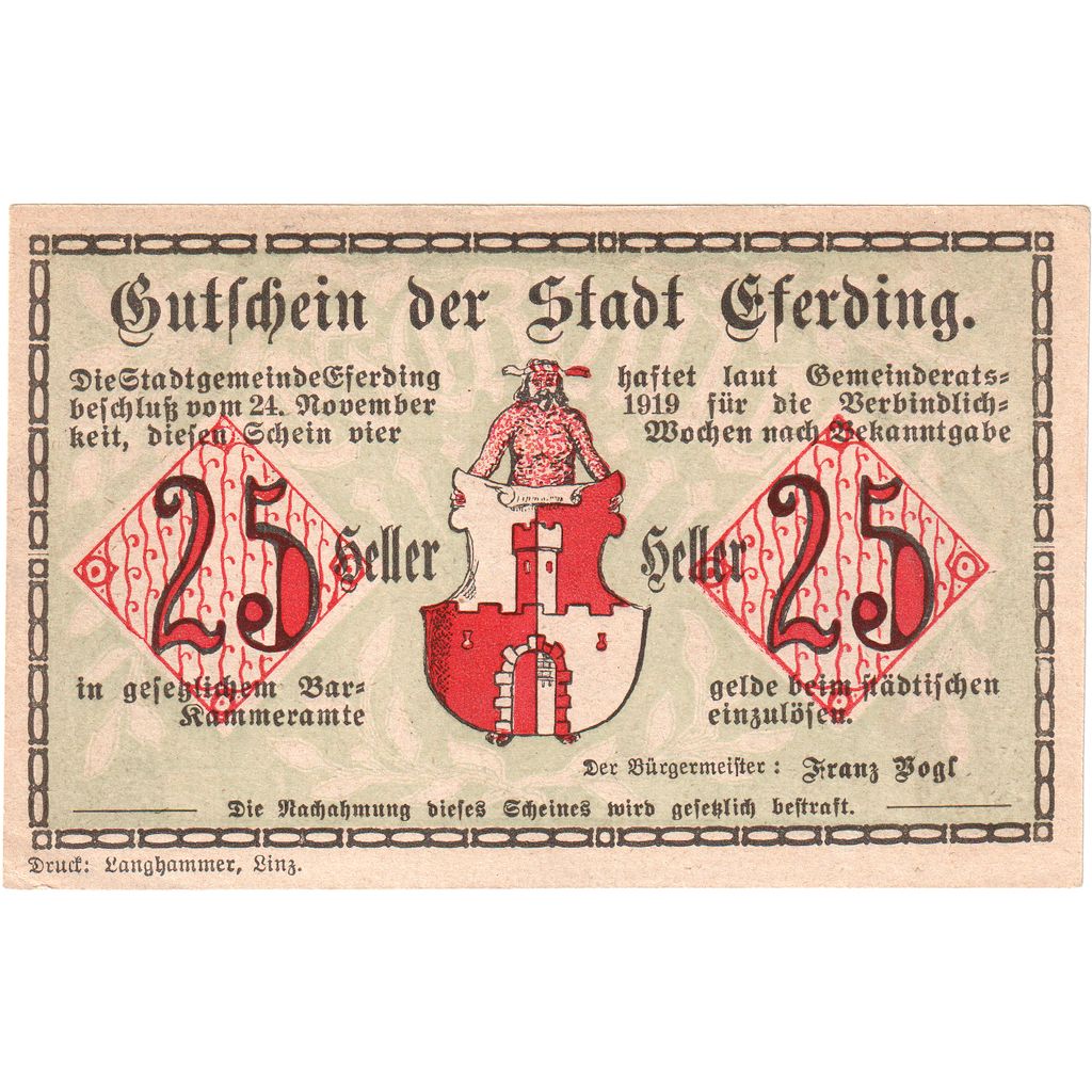 Österreich, Eferding O.Ö. Stadtgemeinde, 25 Heller, UNZ-
