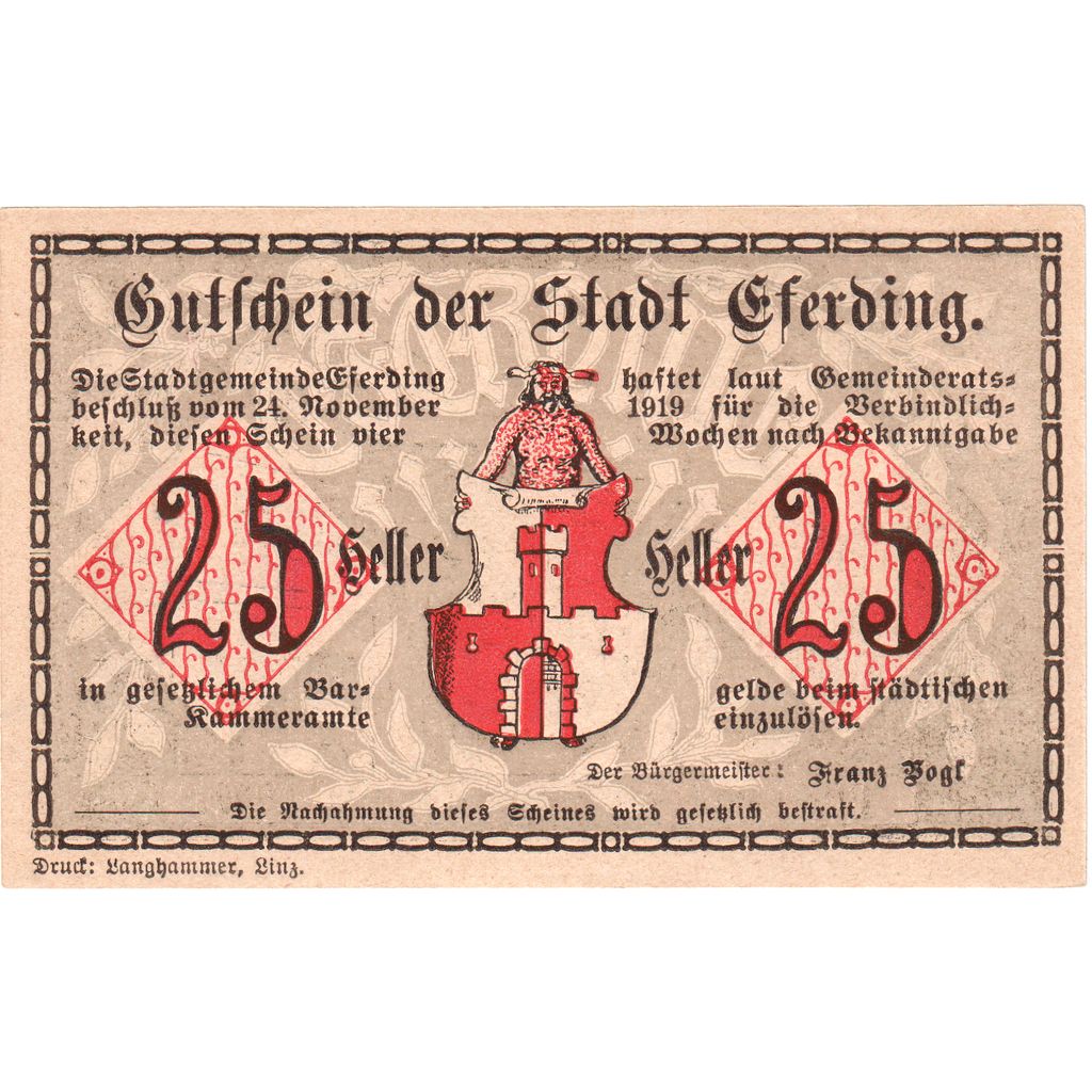 Österreich, Eferding O.Ö. Stadtgemeinde, 25 Heller, UNZ-