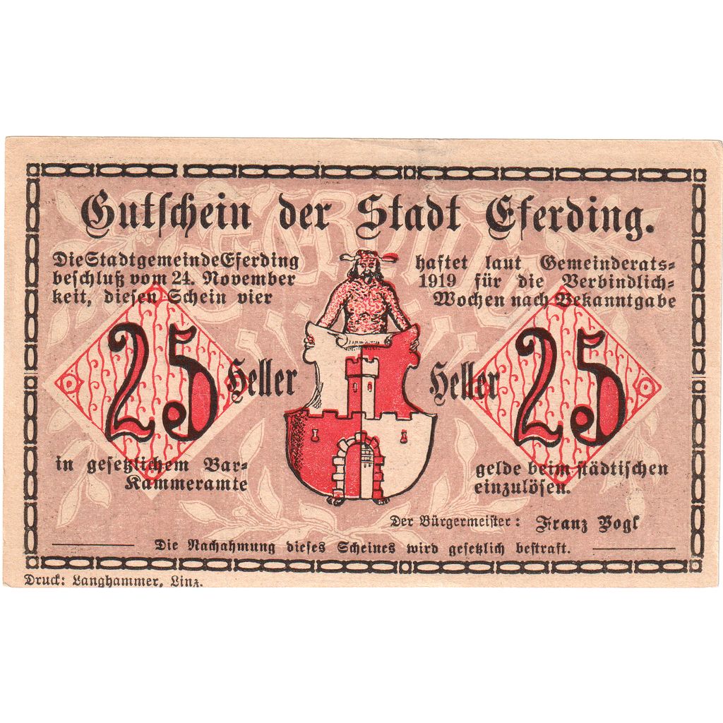 Österreich, Eferding O.Ö. Stadtgemeinde, 25 Heller, UNZ-