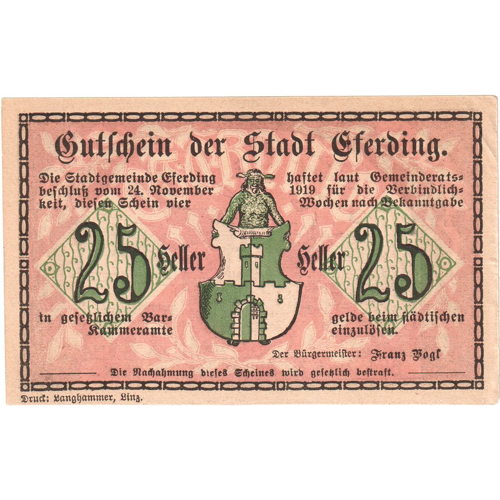 Österreich, Eferding O.Ö. Stadtgemeinde, 25 Heller, UNZ-