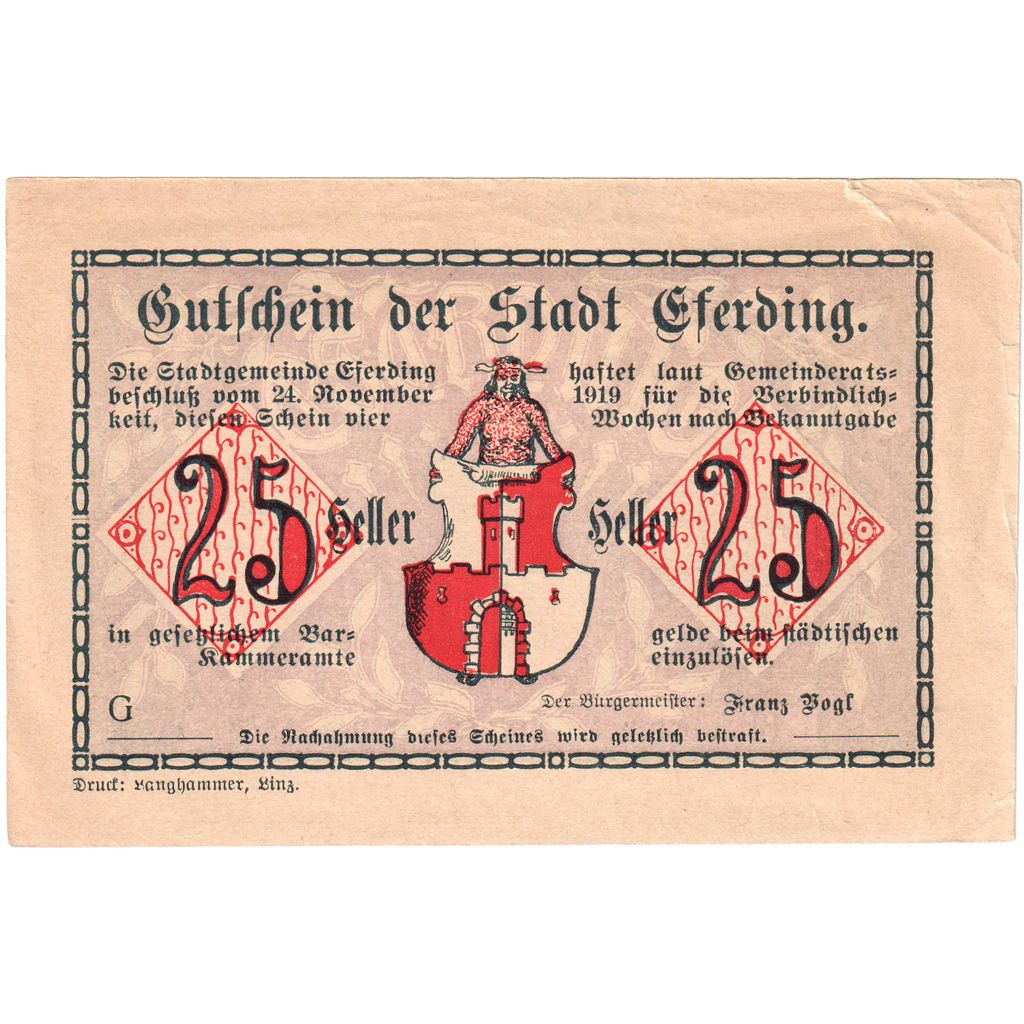 Österreich, Eferding O.Ö. Stadtgemeinde, 25 Heller, UNZ-