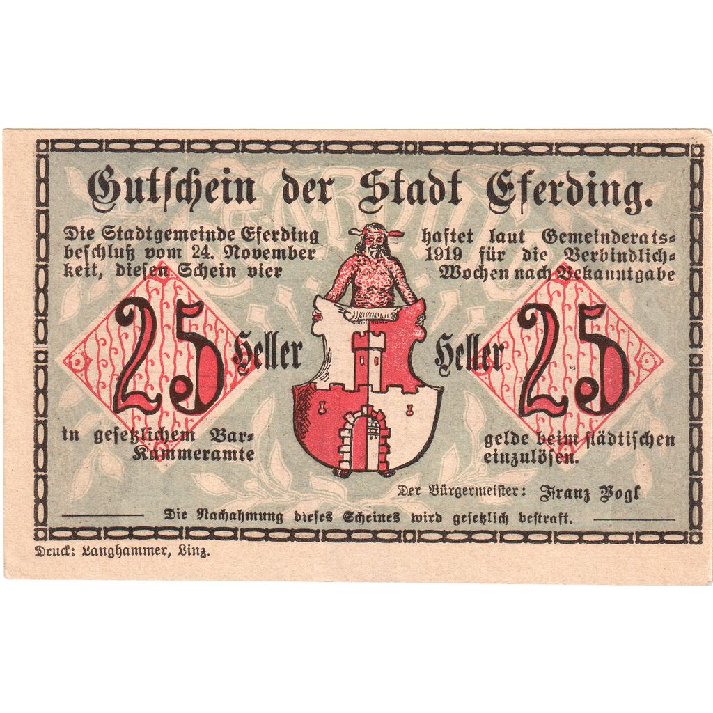 Österreich, Eferding O.Ö. Stadtgemeinde, 25 Heller, UNZ-