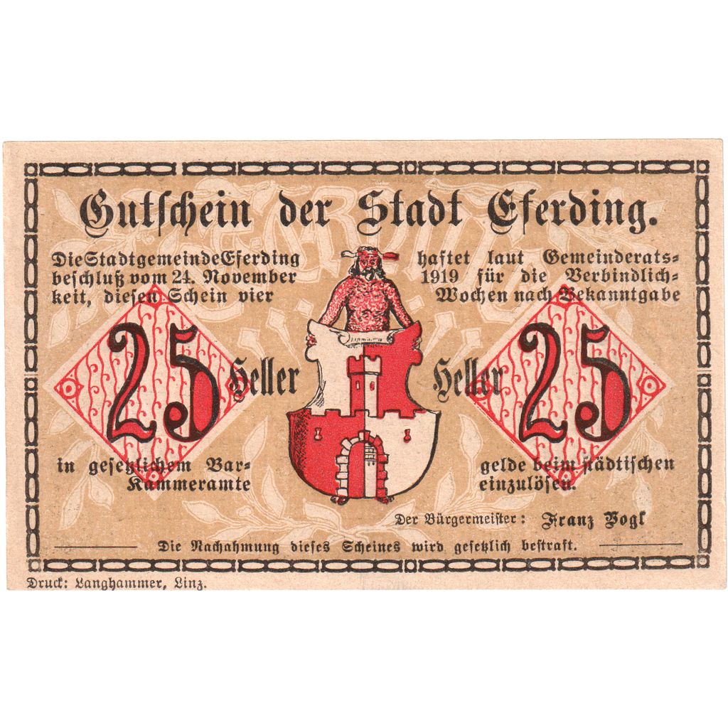 Österreich, Eferding O.Ö. Stadtgemeinde, 25 Heller, UNZ-