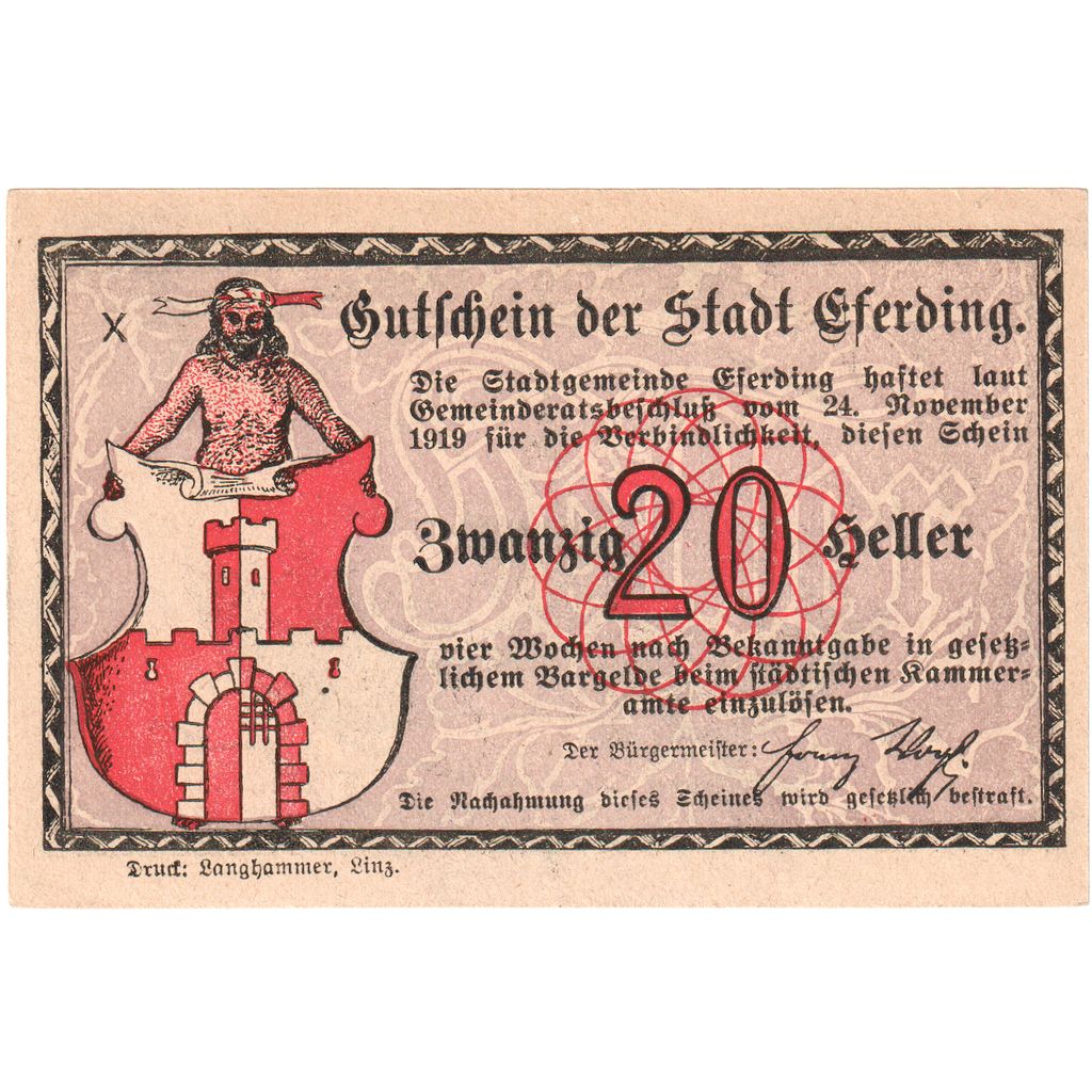 Österreich, Eferding O.Ö. Stadtgemeinde, 20 Heller, UNZ-