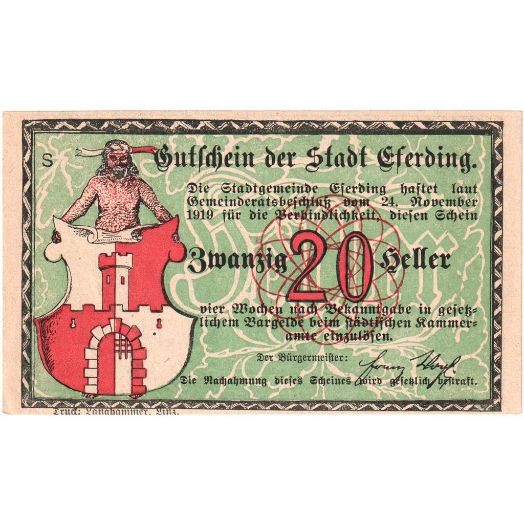 Austria, Eferding O.Ö. Stadtgemeinde, 20 Heller, UNC(63)