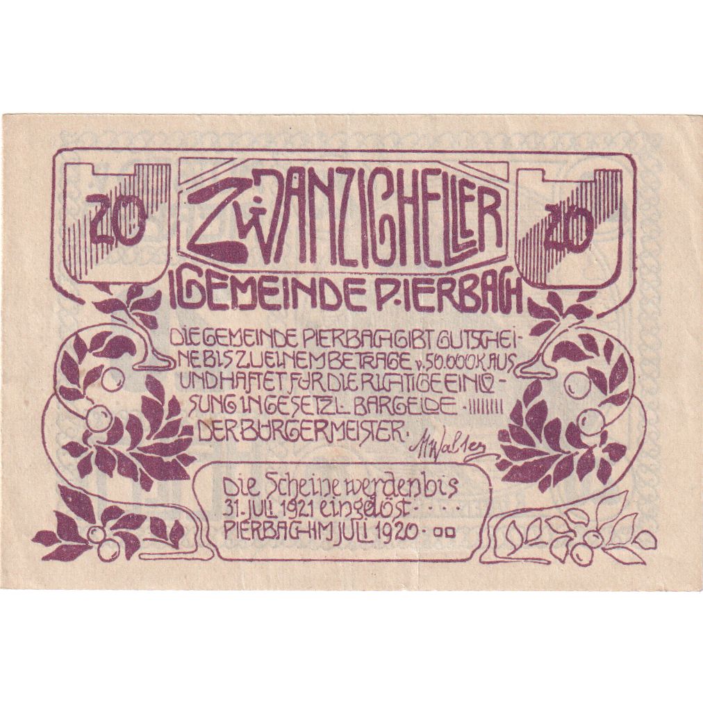 Áustria, Pierbach O.Ö. Gemeinde, 20 Heller, UNC(63)