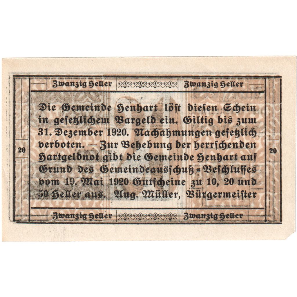 Österreich, Henhart O.Ö. Gemeinde, 20 Heller, 1920-12-31, UNZ-