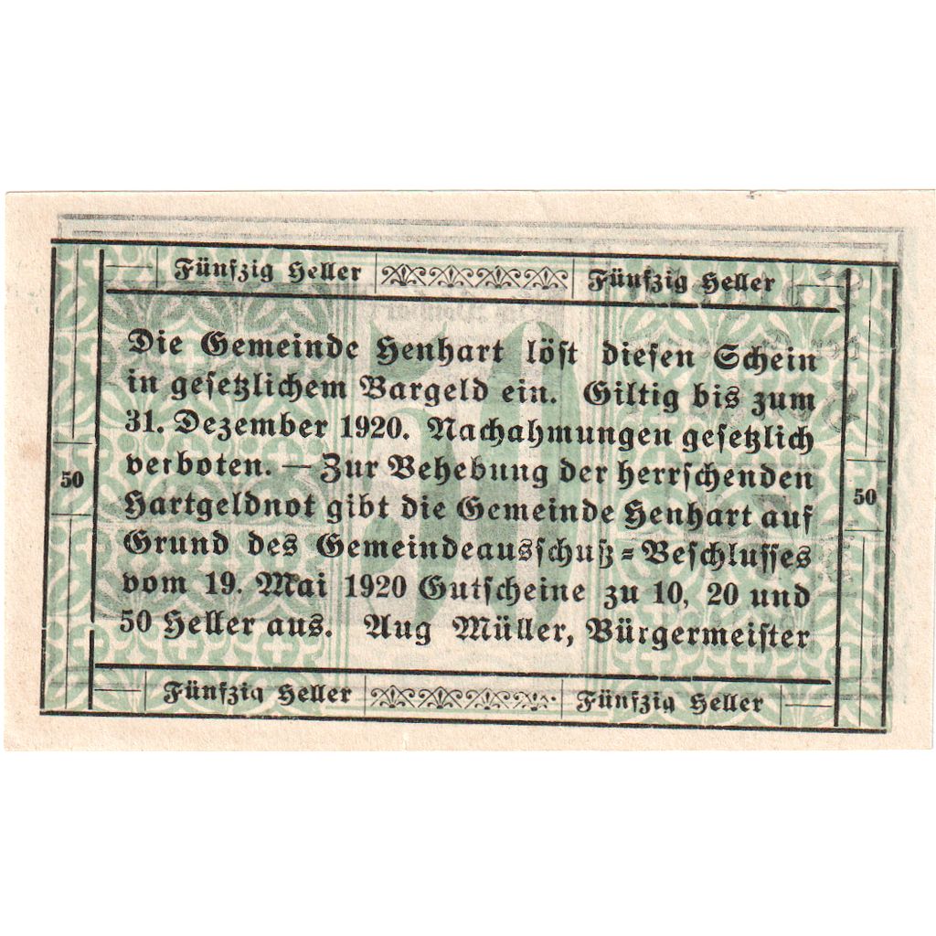 Österreich, Henhart O.Ö. Gemeinde, 50 Heller, 1920-12-31, UNZ-