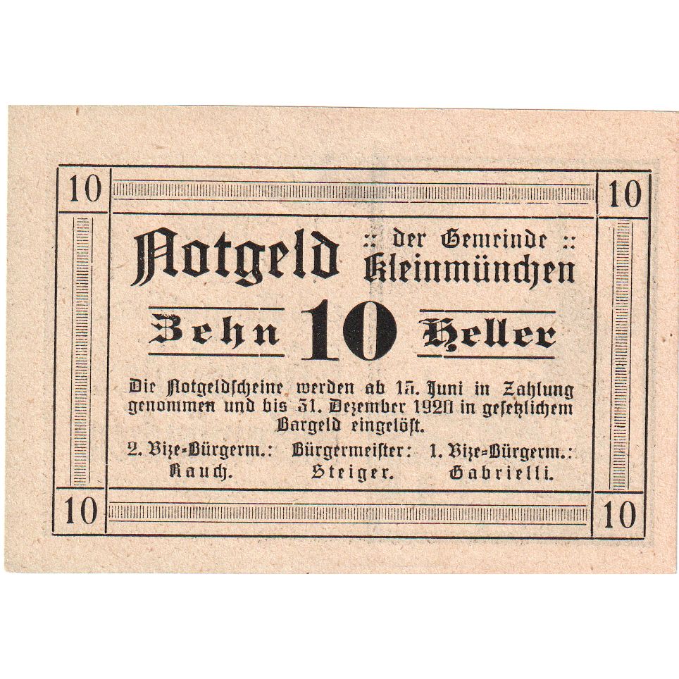 Áustria, Kleinmünchen O.Ö. Gemeinde, 10 Heller, 1920-12-31, UNC(63)