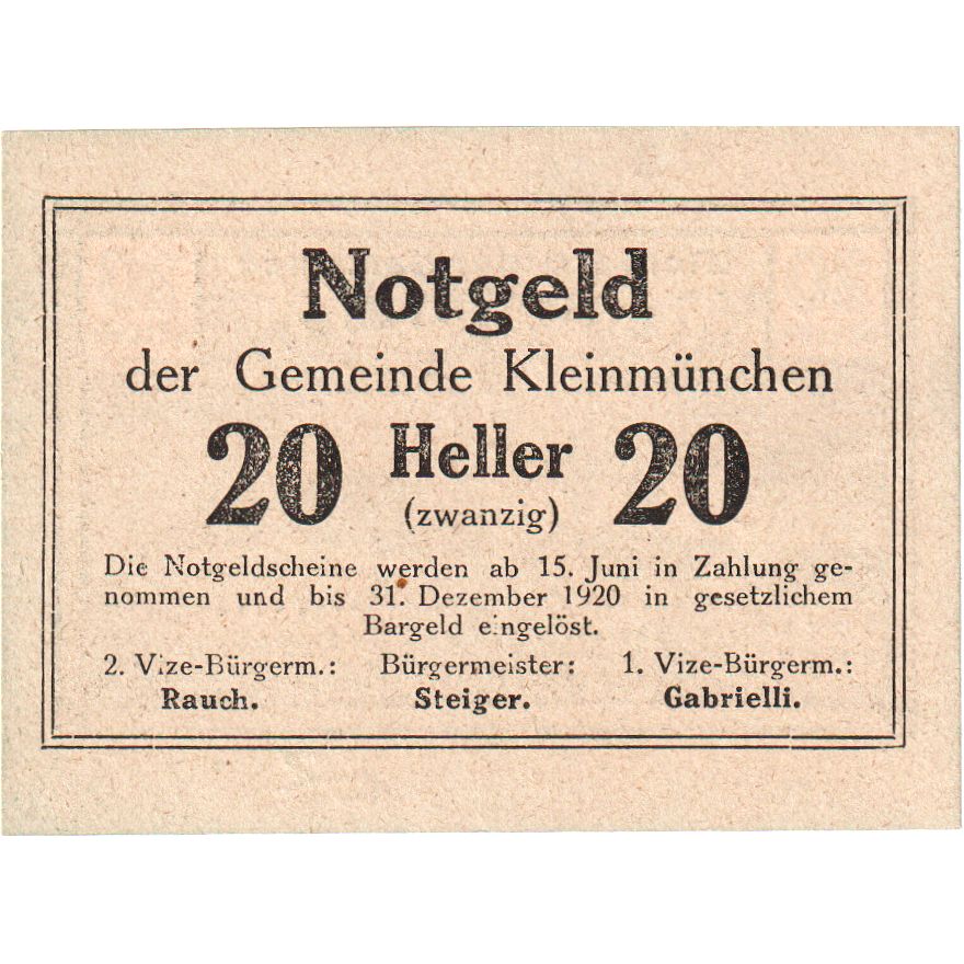 Österreich, Kleinmünchen O.Ö. Gemeinde, 20 Heller, 1920-12-31, UNZ-