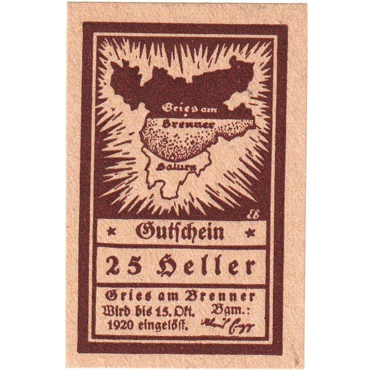 Áustria, Gries Am Brenner Tirol Gemeinde, 25 Heller, 1920-10-15, UNC(63)