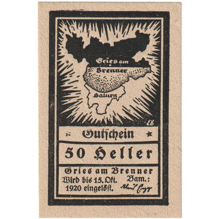 Austria, Gries Am Brenner Tirol Gemeinde, 50 Heller, 1920-10-15, UNC(63)
