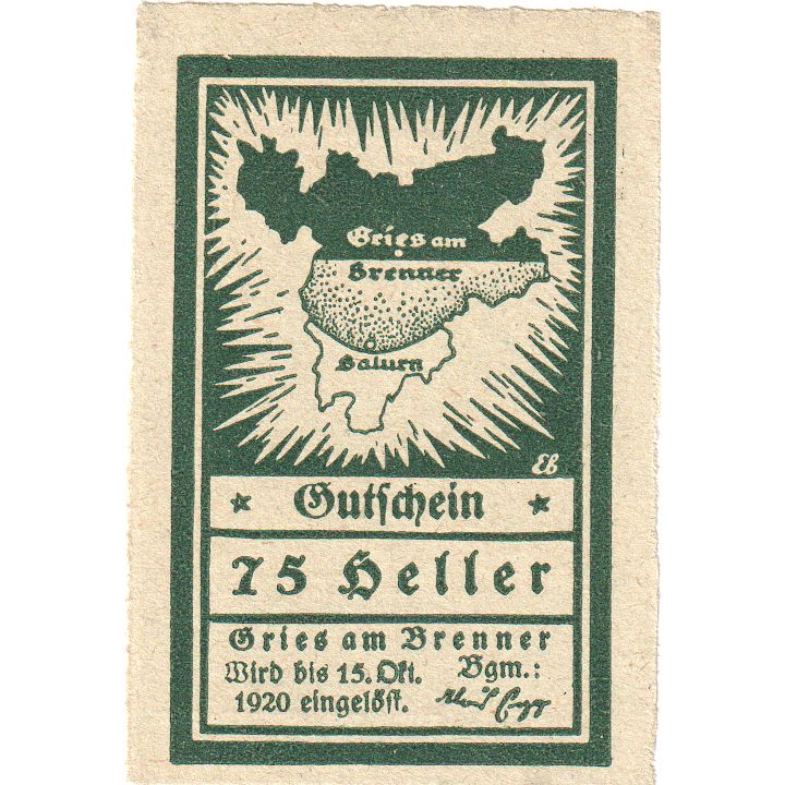 Austria, Gries Am Brenner Tirol Gemeinde, 75 Heller, 1920-10-15, UNC(63)