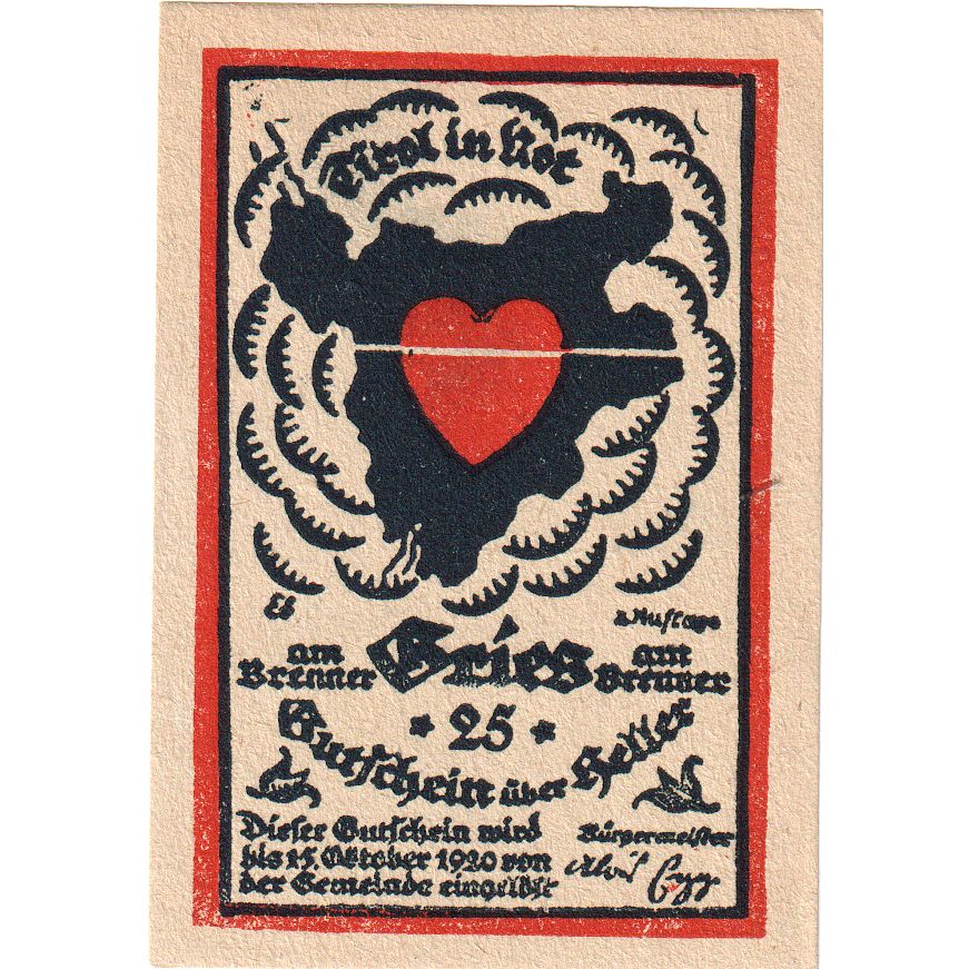 Áustria, Gries Am Brenner Tirol Gemeinde, 25 Heller, 1920-10-15, UNC(63)