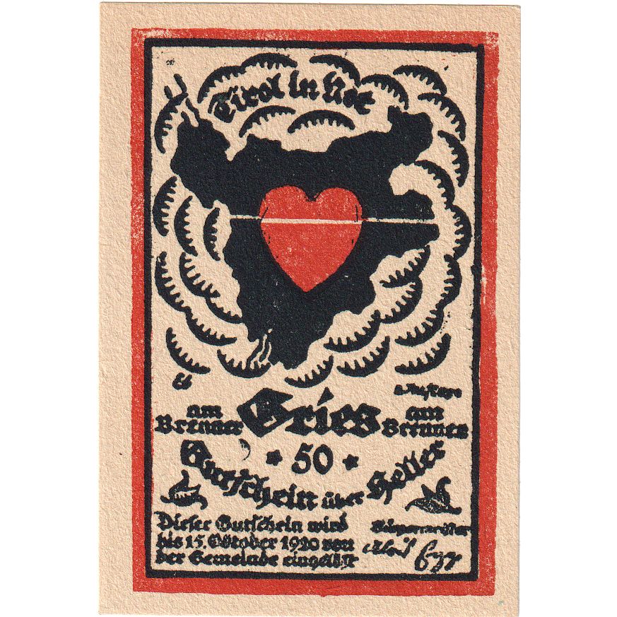 Österreich, Gries Am Brenner Tirol Gemeinde, 50 Heller, 1920-10-15, UNZ-