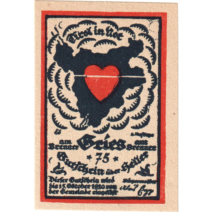 Áustria, Gries Am Brenner Tirol Gemeinde, 75 Heller, 1920-10-15, UNC(63)
