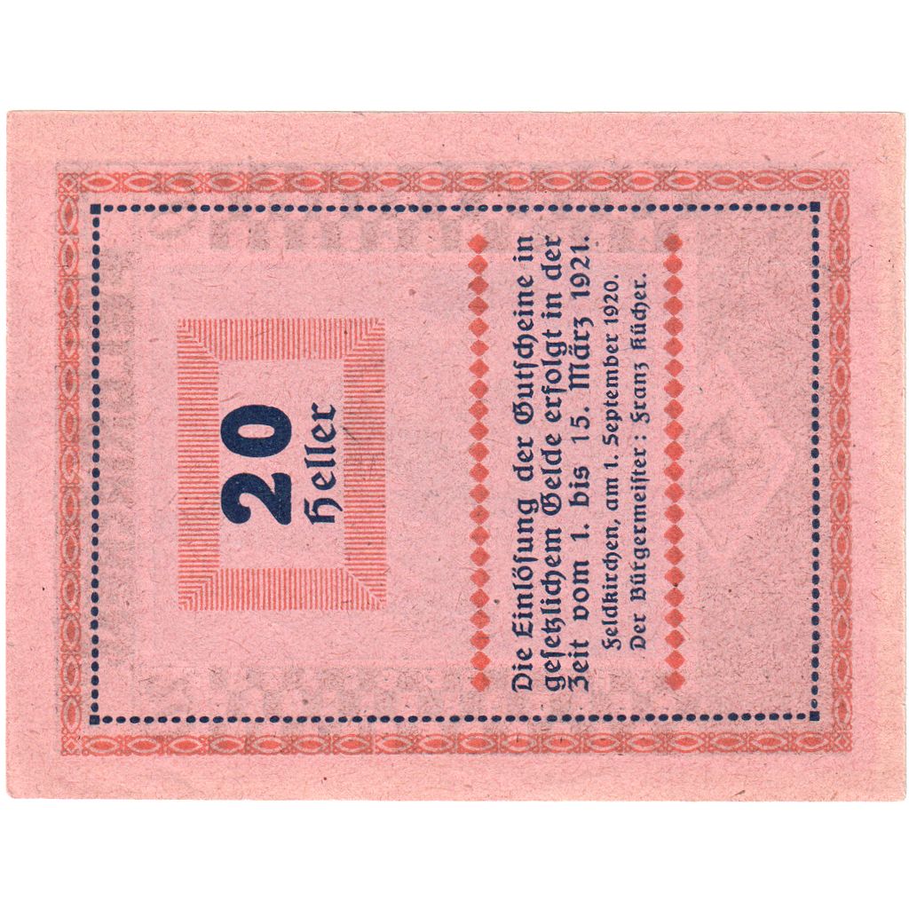 Áustria, Feldkirchen, 20 Heller, 1921-03-15, UNC(63)
