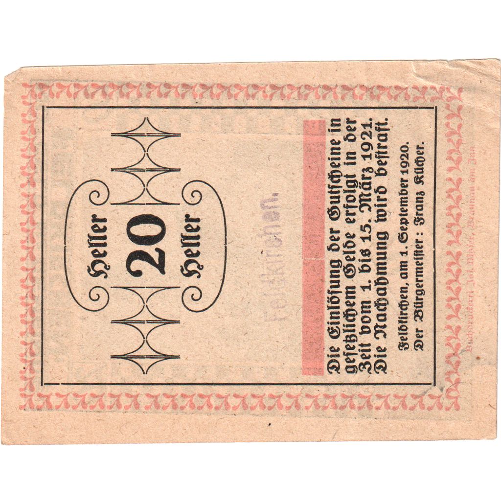 Áustria, Feldkirchen, 20 Heller, 1921-03-15, UNC(63)