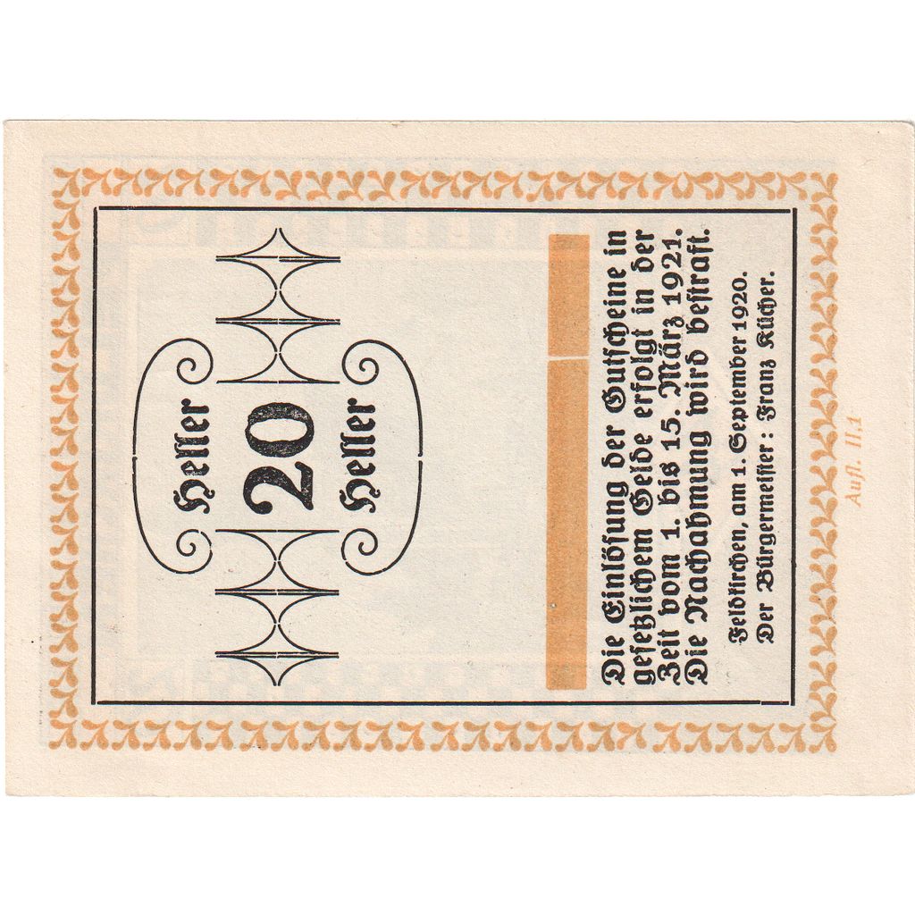Áustria, Feldkirchen, 20 Heller, 1921-03-15, UNC(63)