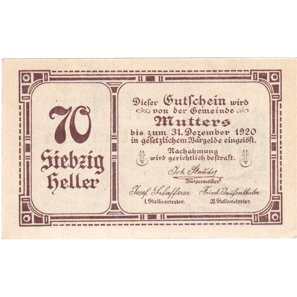 Autriche, Mutters, 70 Heller, 1920-12-31, SPL