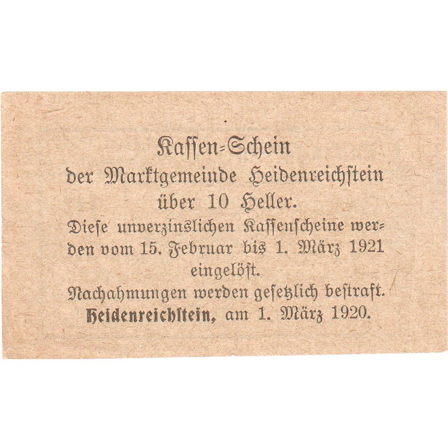 Oostenrijk, Heidenreichstein, 10 Heller, 1921-03-01, SPL