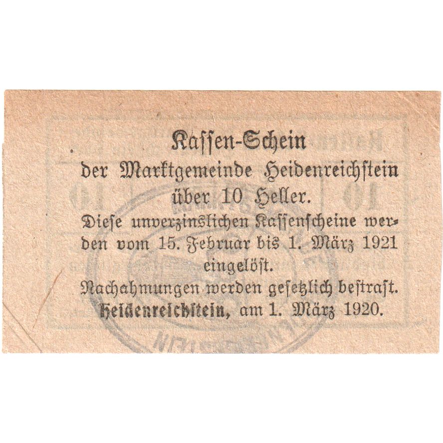 Autriche, Heidenreichstein, 10 Heller, 1921-03-01, SPL