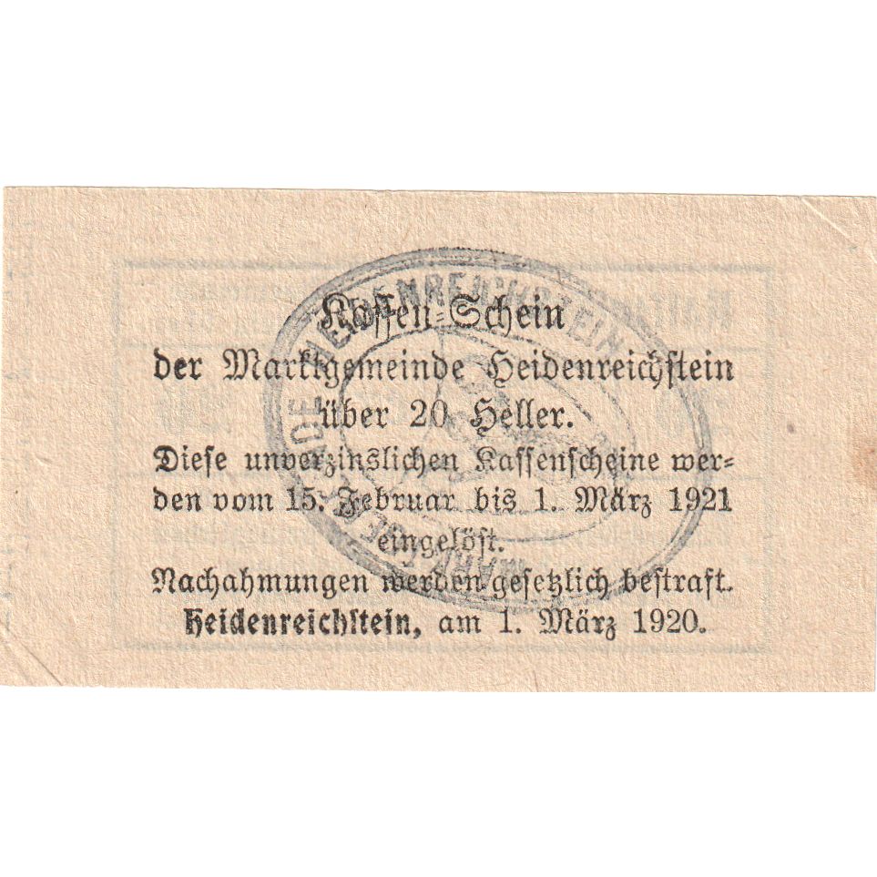 Österreich, Heidenreichstein, 20 Heller, 1921-03-01, UNZ-
