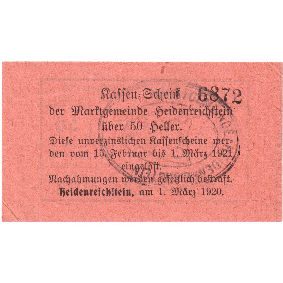 Autriche, Heidenreichstein, 50 Heller, 1921-03-01, SPL